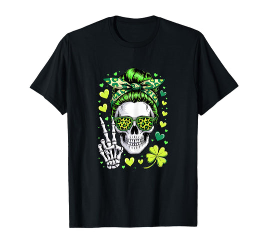 St Patricks Day Skull Messy Bun Saint Pattys Paddys Women T-Shirt