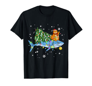 Funny Christmas Shark Cat Tree Lights Sharkmas Tree Xmas Tee T-Shirt