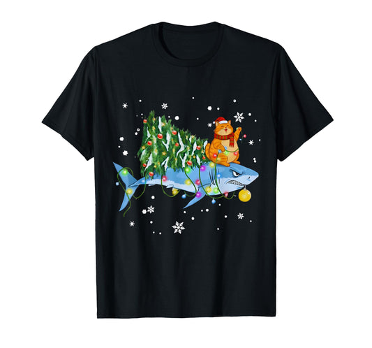 Funny Christmas Shark Cat Tree Lights Sharkmas Tree Xmas Tee T-Shirt