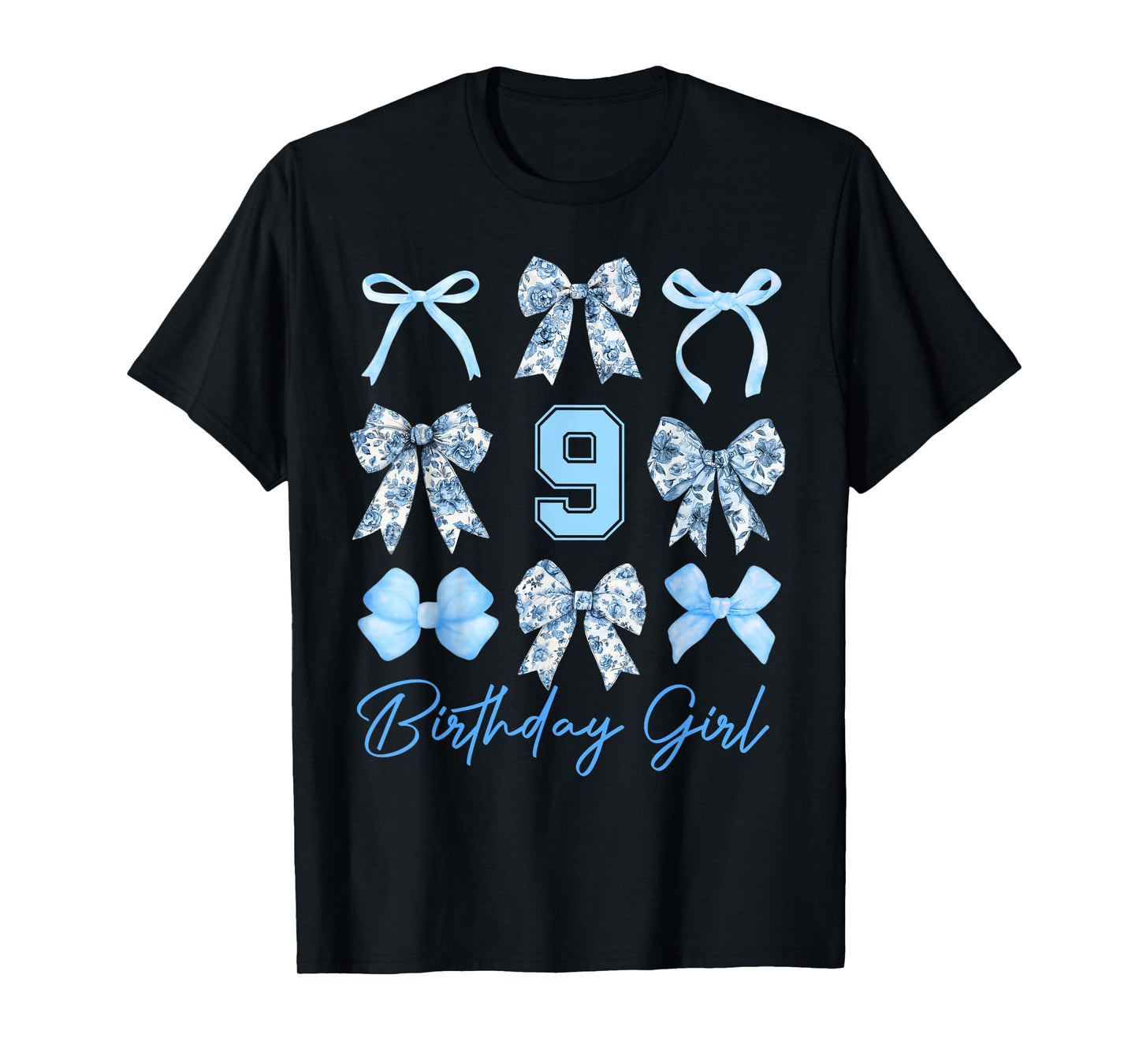 9th Birthday Girl Blue Toile Coquette Bow 9 Year Old Family T-Shirt