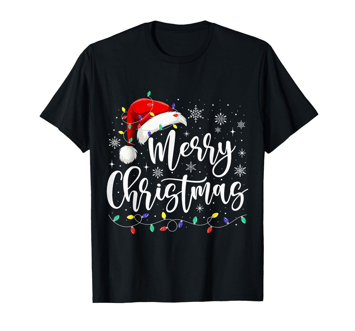 Merry Christmas Lights Red Santa Hat Xmas Family Men Women T-Shirt