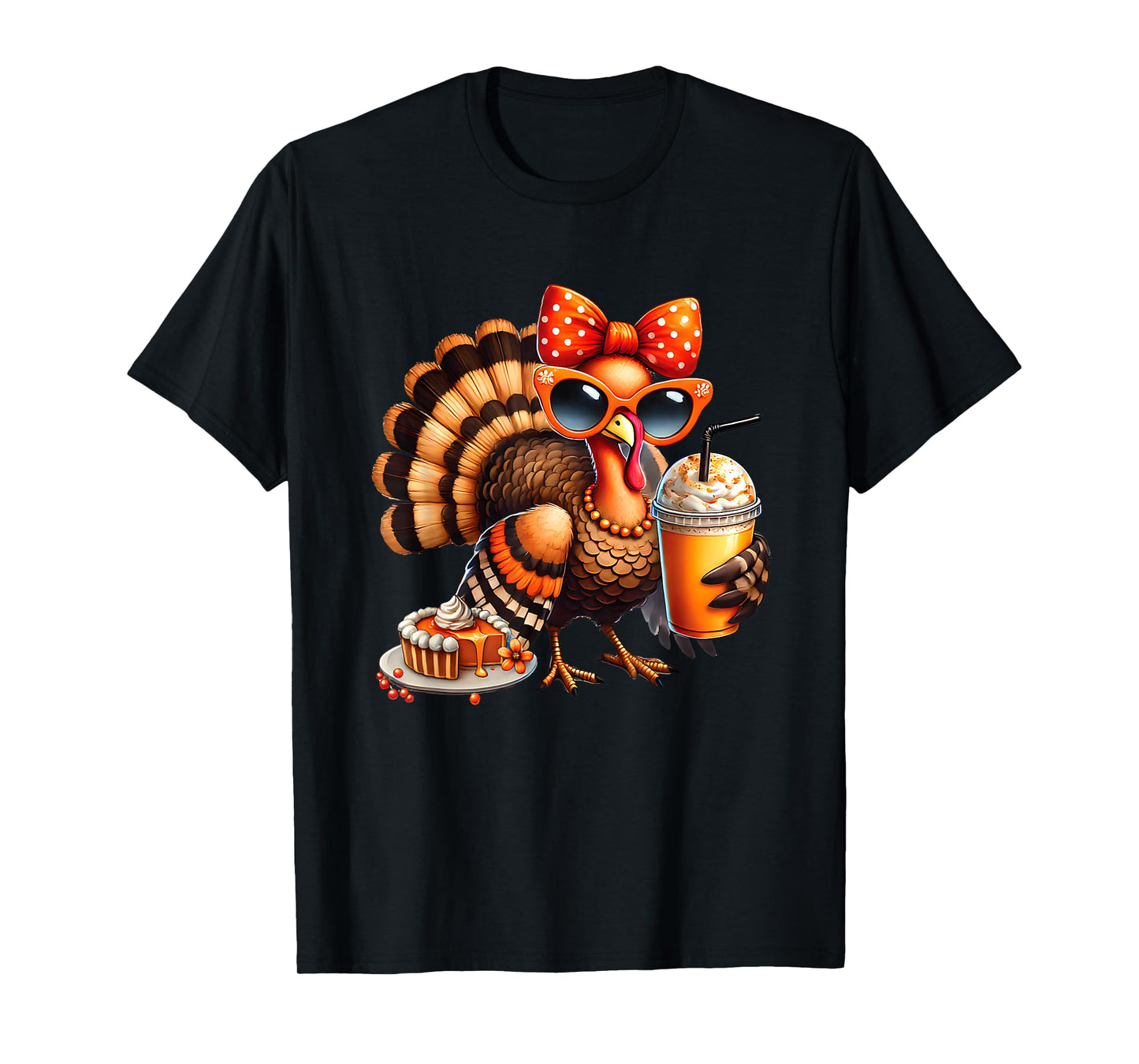 Turkey Drinking Coffee Bow Thanksgiving Womens Turkey Day T-Shirt