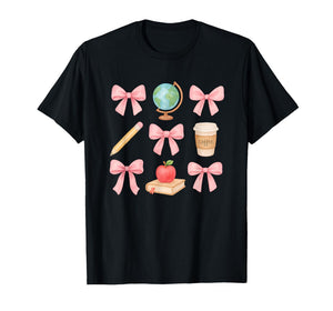 Cute Pink Bows Apple Globe Pencil Coffee Teacher Design T-Shirt