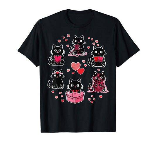 Valentines Day Black Cats Heart Yarn Kitten Girls Kid Women T-Shirt
