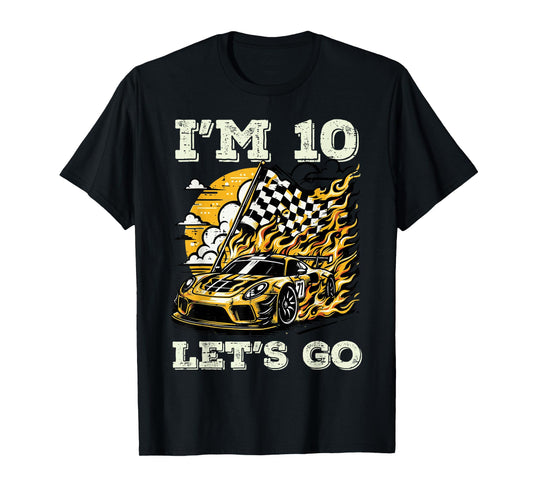 10th Birthday Race Car Flag Im 10 Years Old Bday Boys Kids T-Shirt