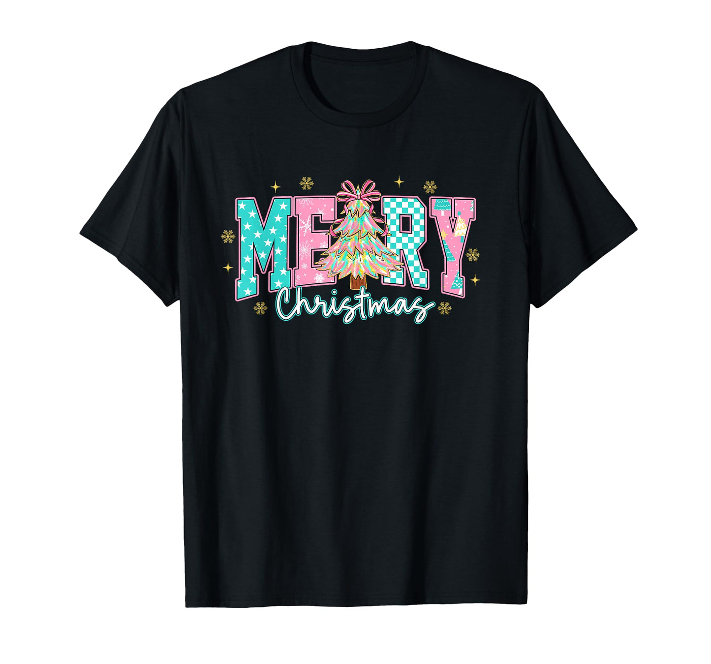 Cute Pastel Merry Christmas Retro Pink Teal Tree Gift T-Shirt