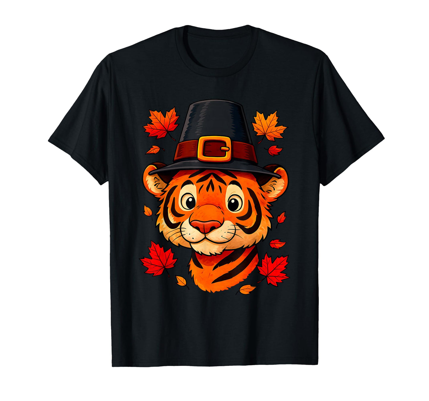 Cute Thanksgiving Tiger in Pilgrim Hat with Leaves T-Shirt