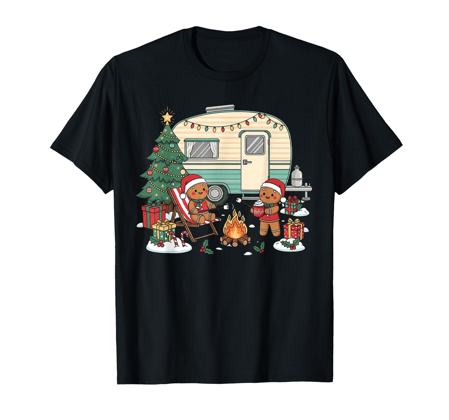 Christmas Camping Gingerbread Campfire Tree Gifts Santa Hats T-Shirt