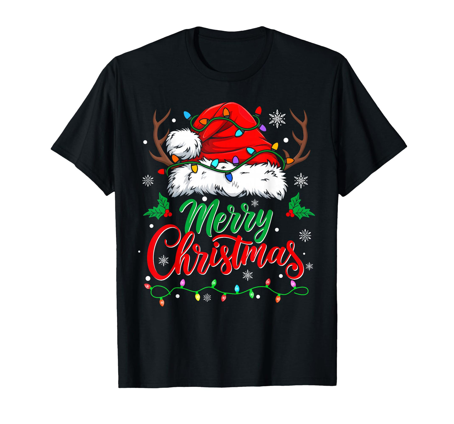 Merry Christmas Lights Red Santa Hat Xmas Family Men Women T-Shirt