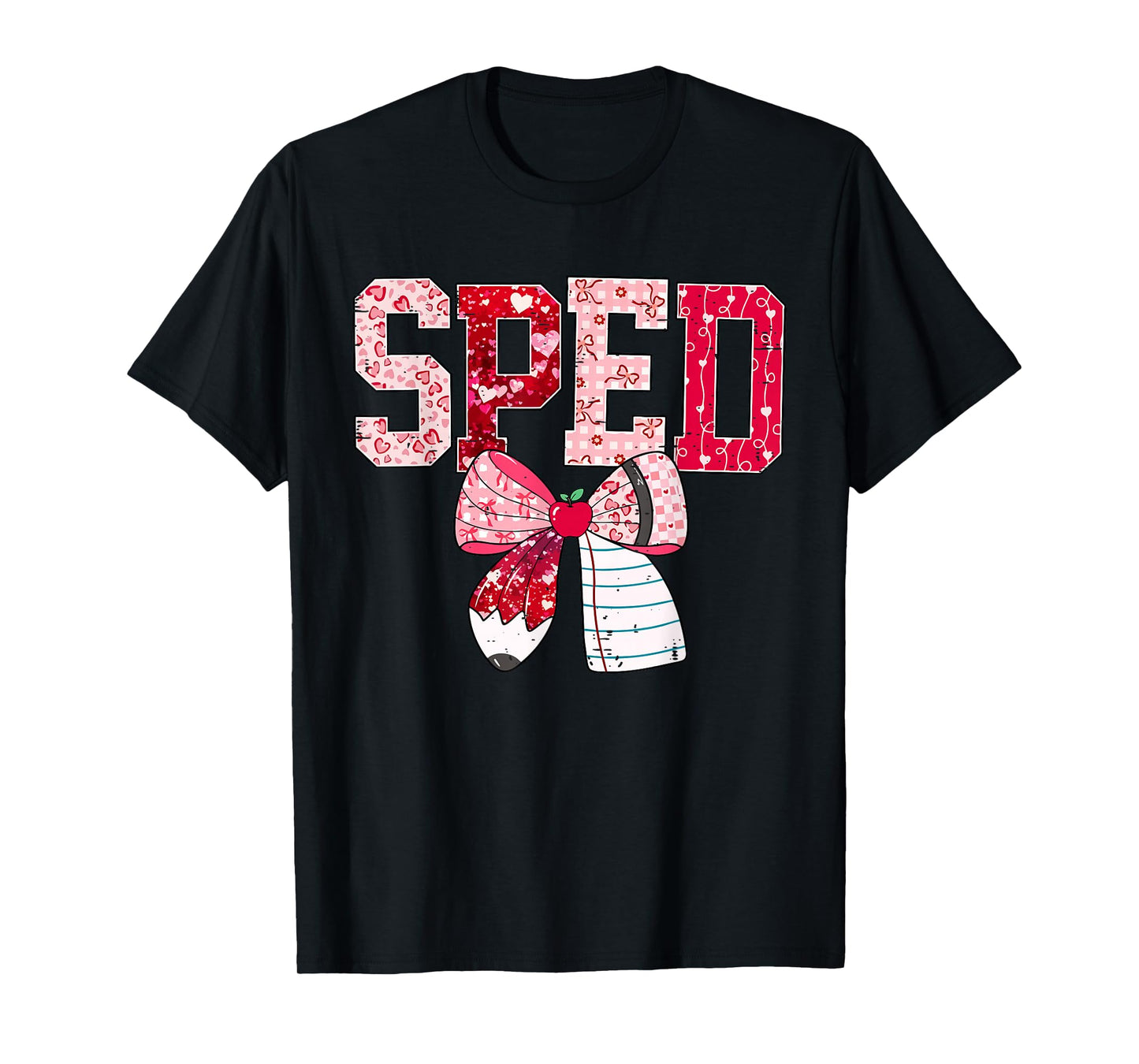 Coquette Bow Pencil Funny Sped Teacher Valentine Red Hearts T-Shirt