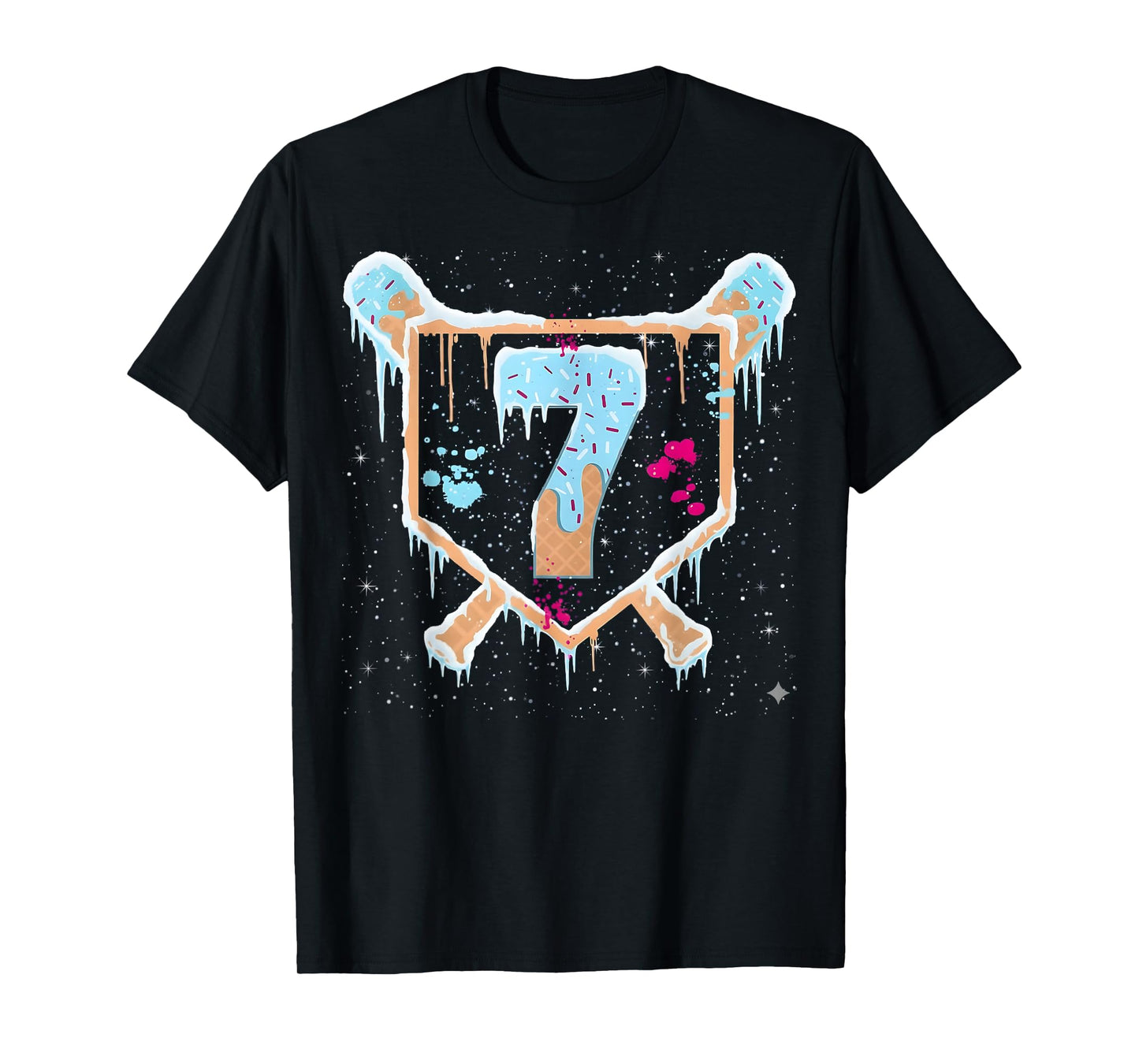Baseball 7 Year Old Ice Cream Drip 7th Birthday Boy Number 7 T-Shirt