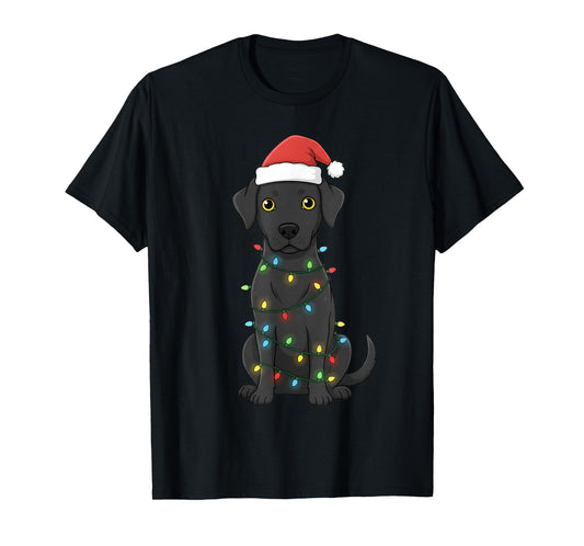 Festive Black Dog Christmas Lights Cozy Winter Holiday Style T-Shirt