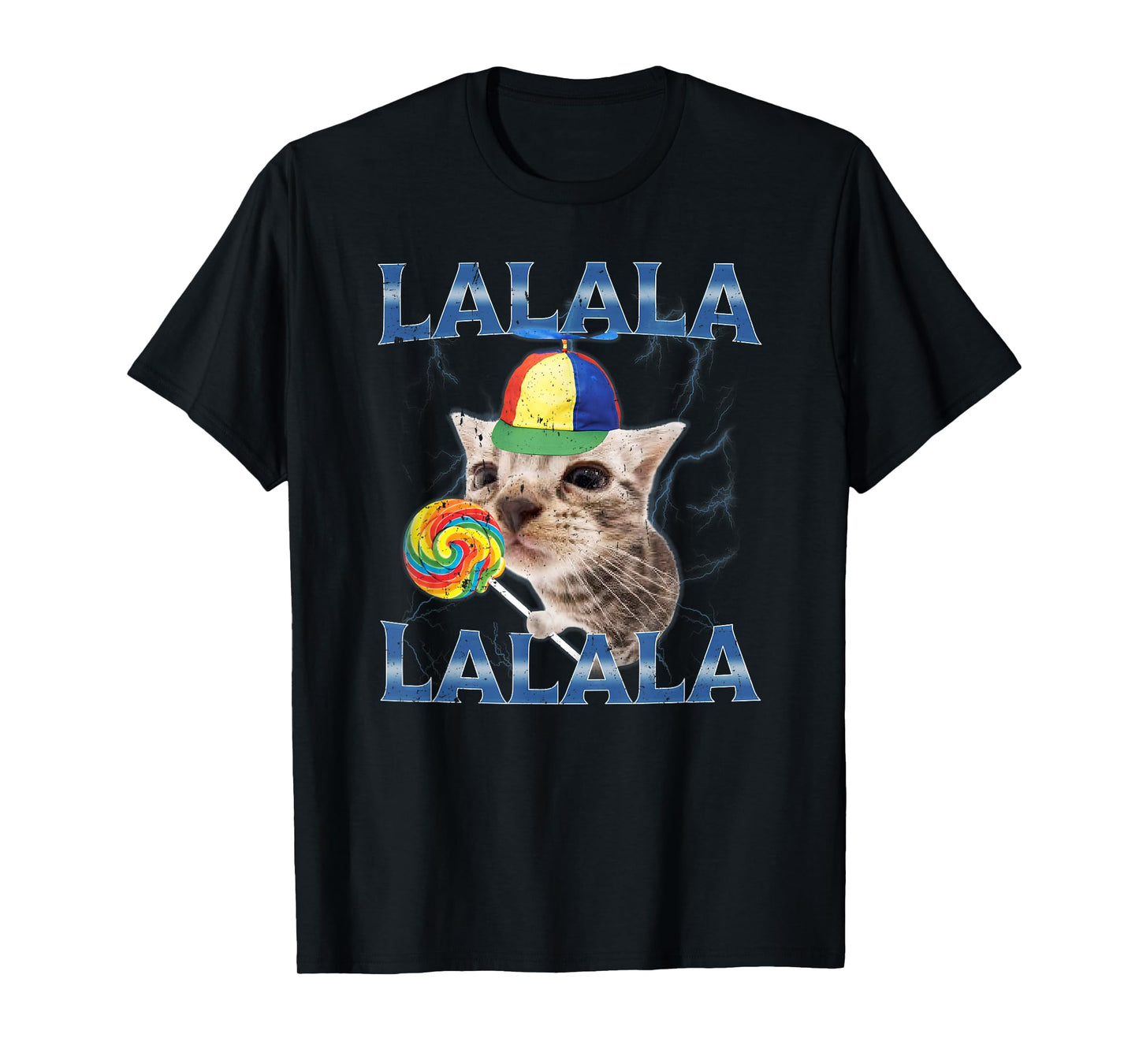Silly Lalala Cat Meme with Propeller Hat and Candy T-Shirt