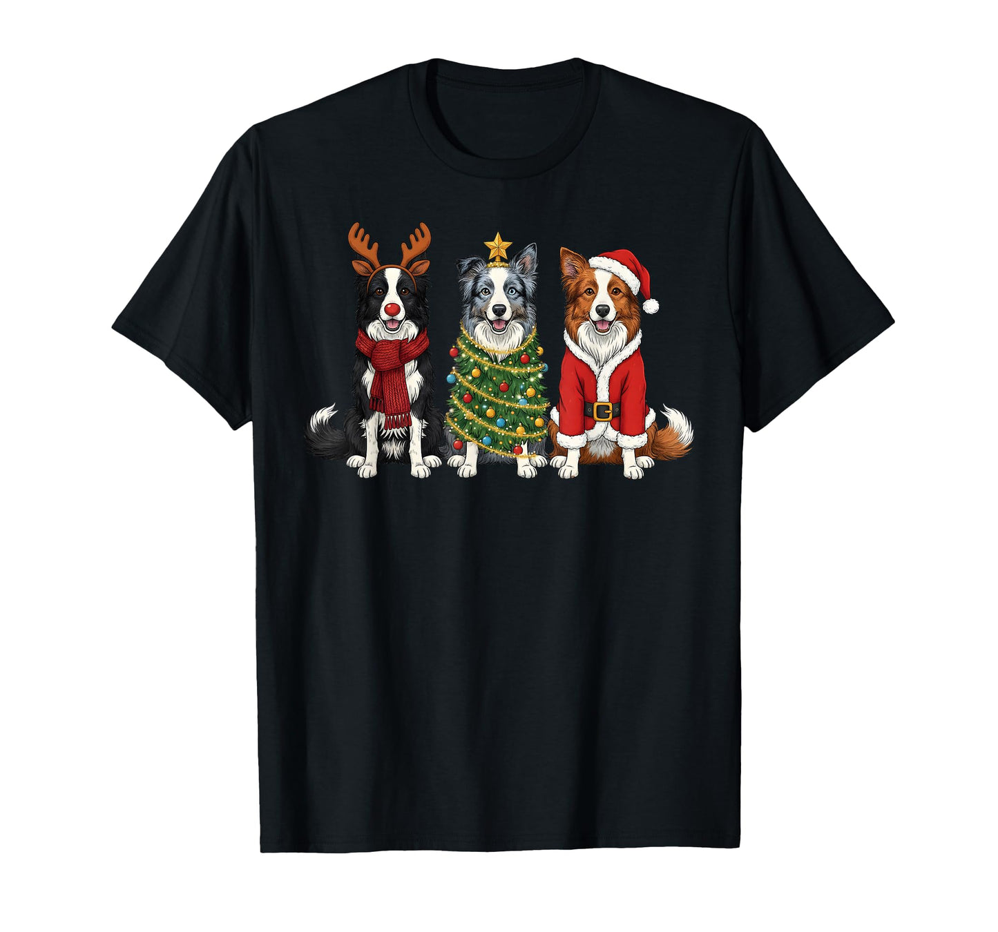 Retro Christmas Border Collie Santa Reindeer Dog Lover T-Shirt