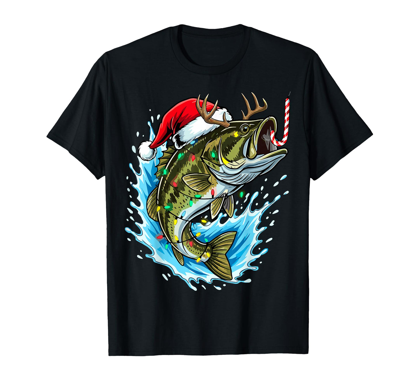 Christmas Bass Fishing Lights Xmas Santa Hat Fish T-Shirt