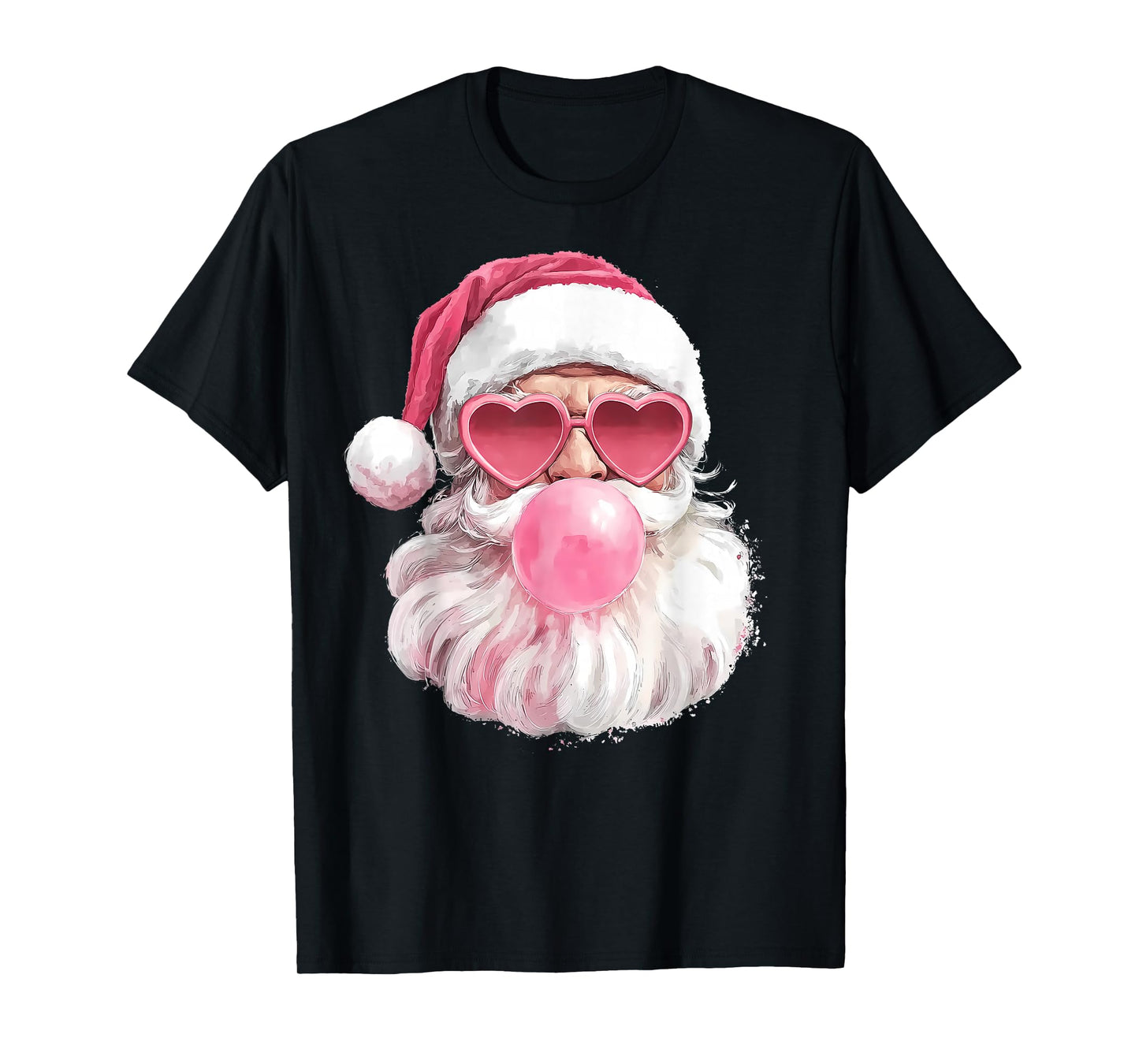 Christmas Retro Santa Face Bubble Gum Pink Heart Sunglasses T-Shirt