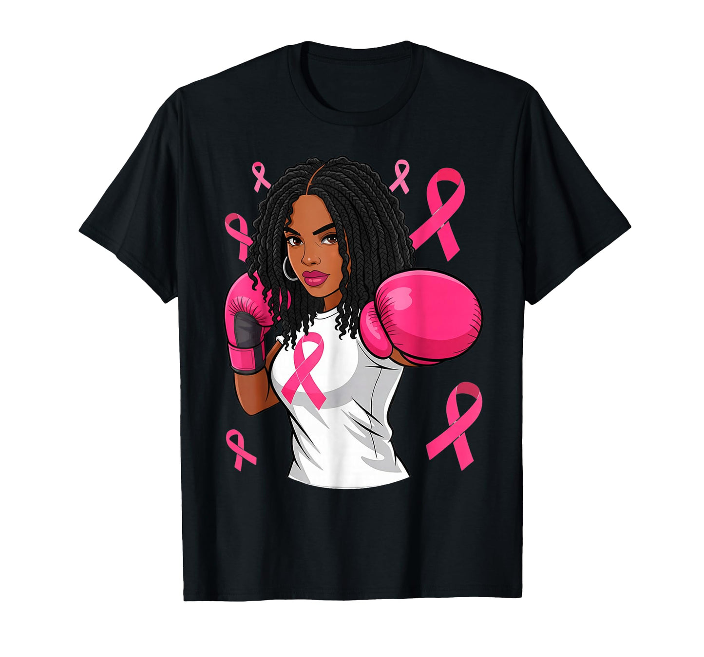 Women Black African American Breast Cancer Afro Pink Ribbon T-Shirt