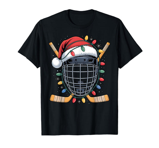 Santa Hockey Goalie Mask Christmas Lights Xmas Men Boys T-Shirt