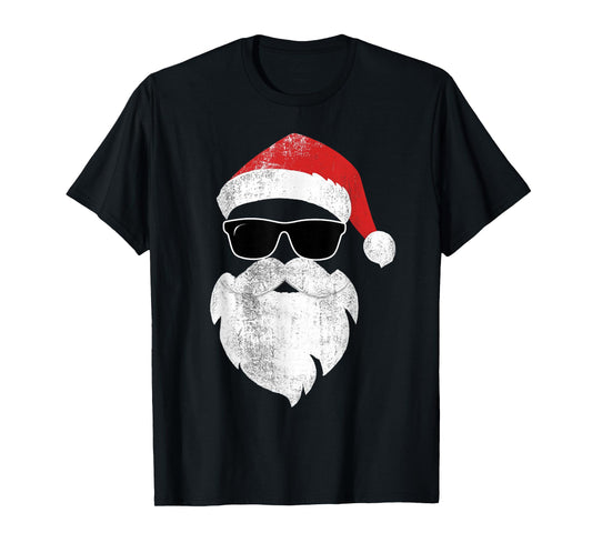 Funny Hipster Santa Face with Hat Beard & Glasses Christmas T-Shirt