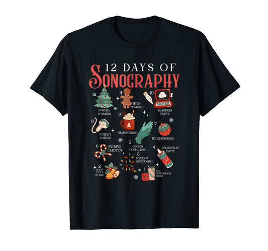 Retro Funny 12 Days of Sonography Ultrasound Tech Christmas T-Shirt