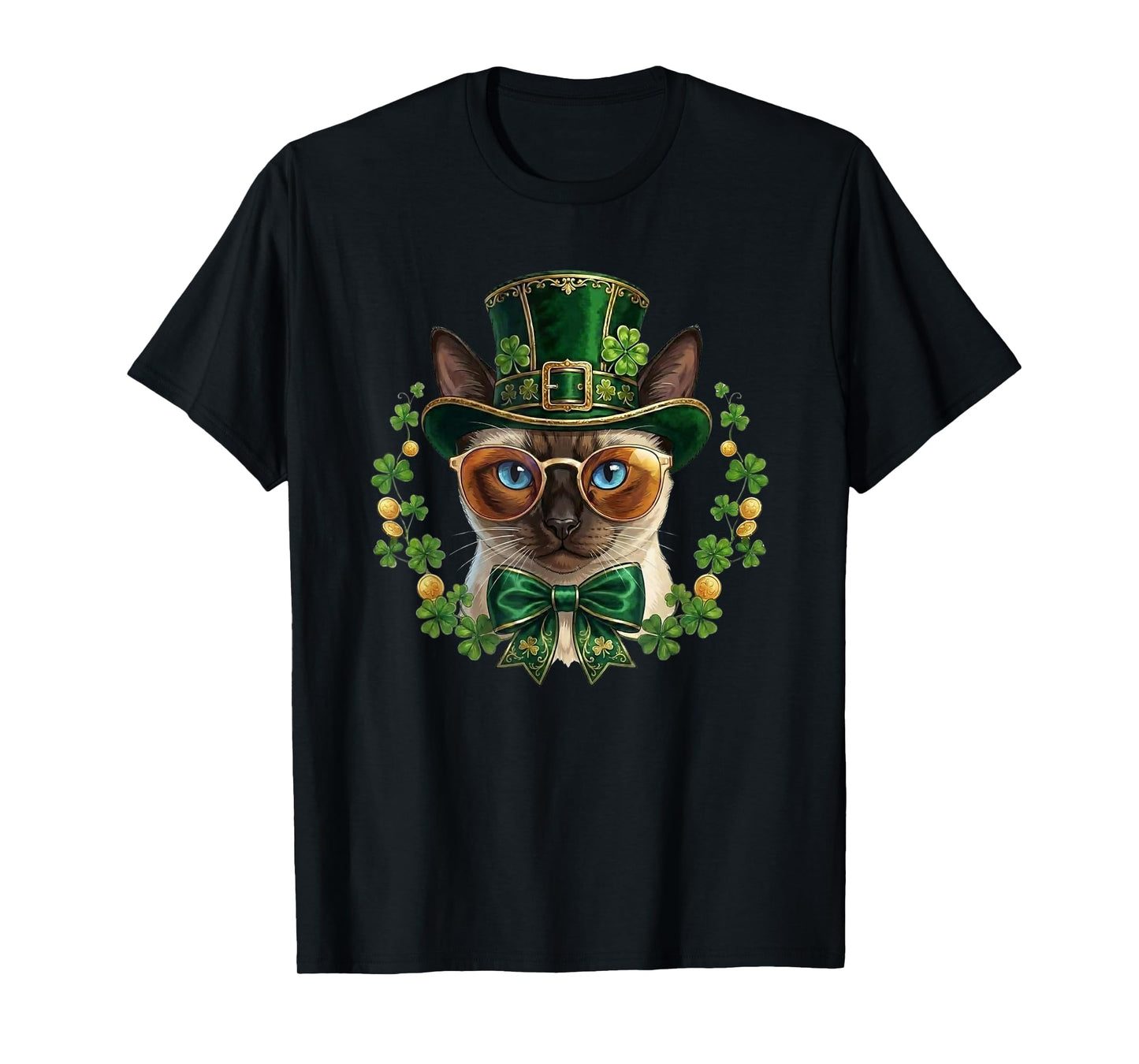 Siamese Cat Leprechaun Hat Glasses St Patricks Day T-Shirt