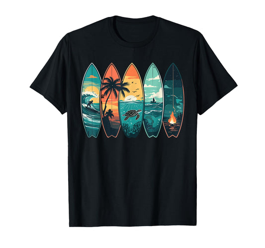 Surfboards Sunset Ocean Beach Vibe Surfer T-Shirt