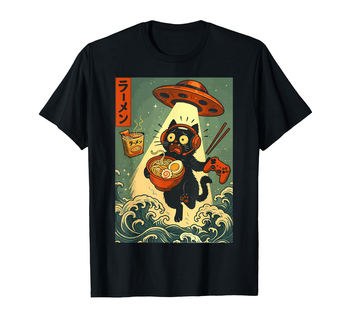 Cute Kawaii Gamer Cat Ramen Retro Japanese Design UFO Beam T-Shirt