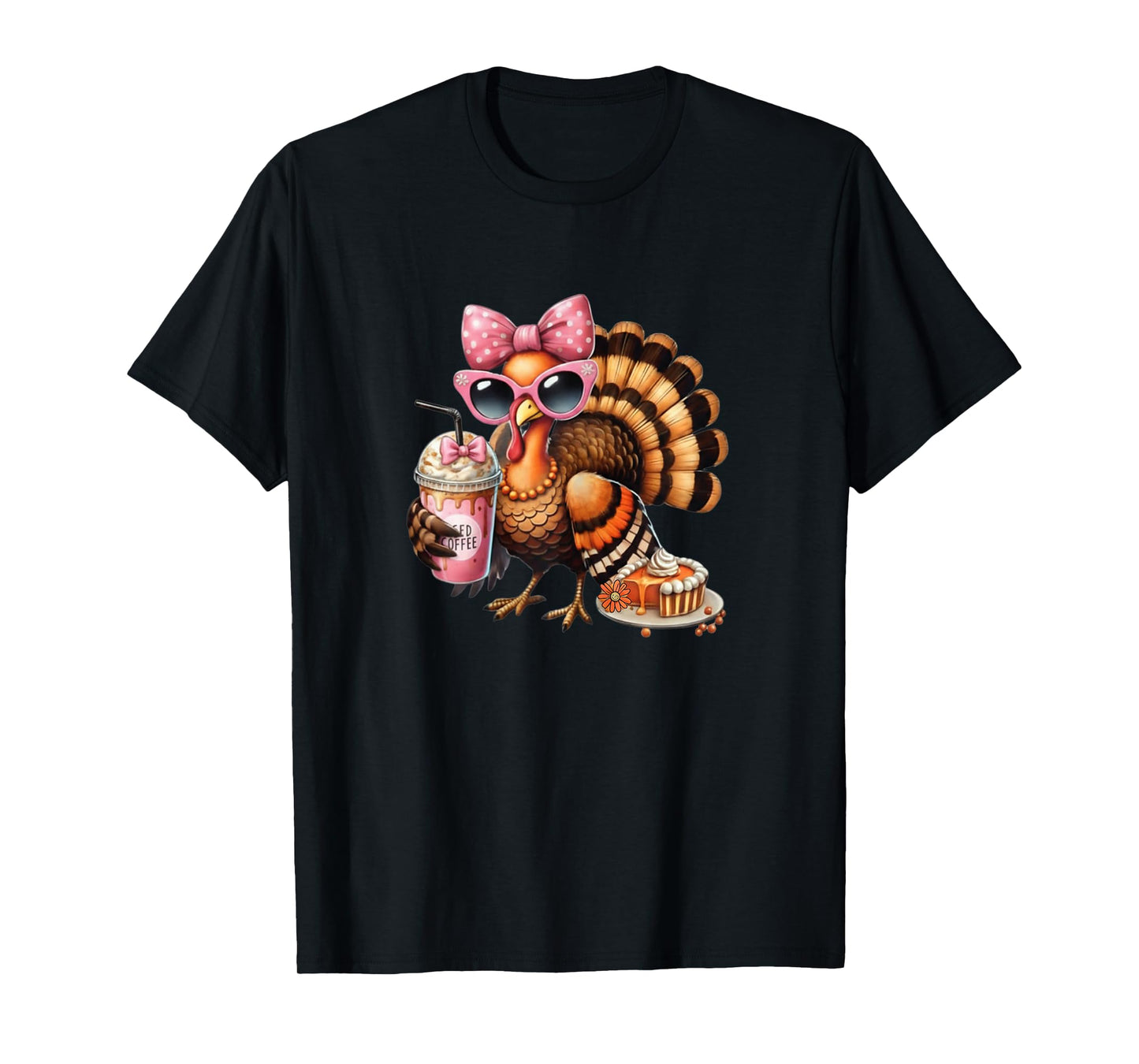 Turkey Drinking Coffee Bow Thanksgiving Womens Turkey Day T-Shirt