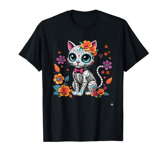 Floral Cat Sugar Skull Day of The Dead Dia De Los Muertos T-Shirt