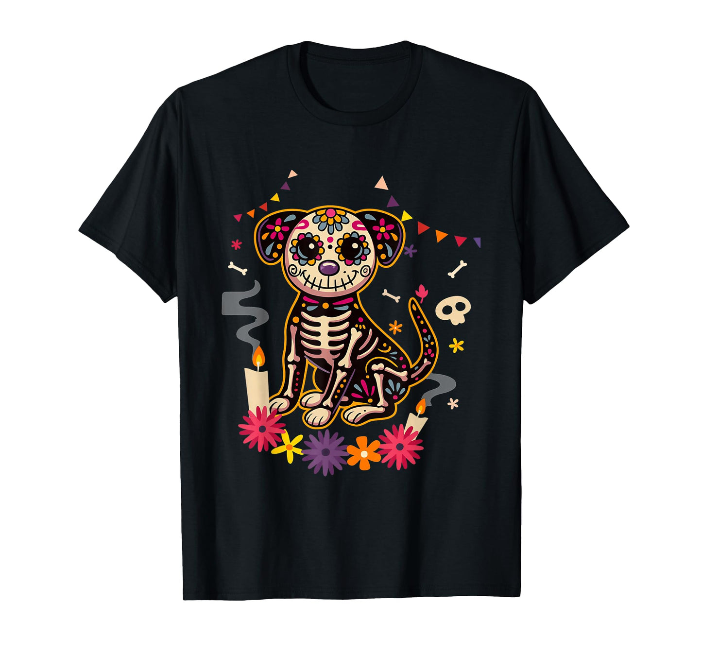 Mexican Dog Day of The Dead Skeleton Sugar Flowers Dogs T-Shirt