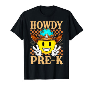 Howdy Pre-K Retro Cowboy Cowgirl Western Teacher Kids T-Shirt