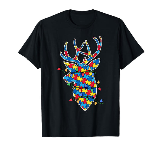 Autism Awareness Christmas Reindeer Puzzle Piece Xmas T-Shirt
