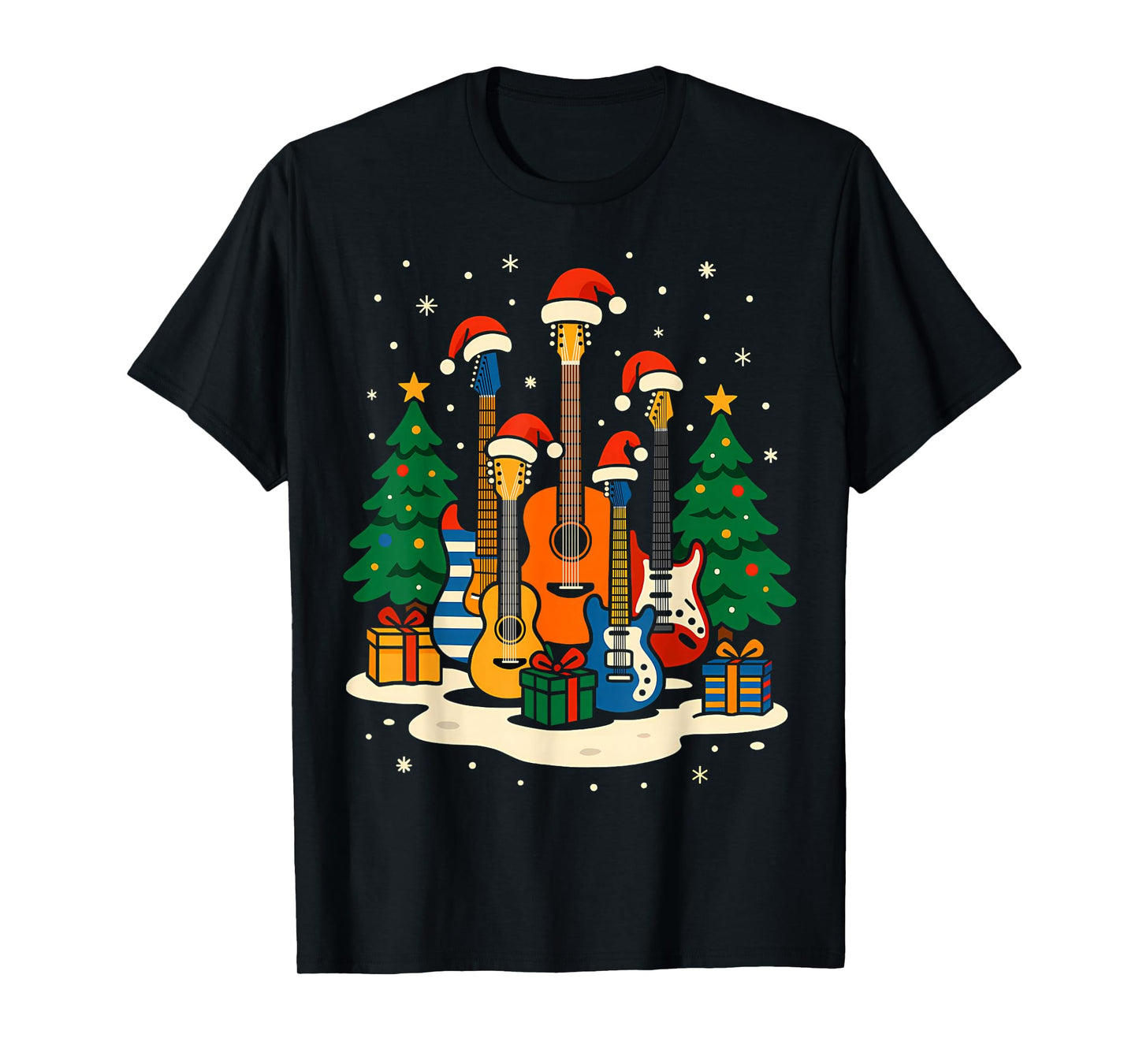 Guitar Santa Hat Christmas Tree Light Funny Music Lover Xmas T-Shirt