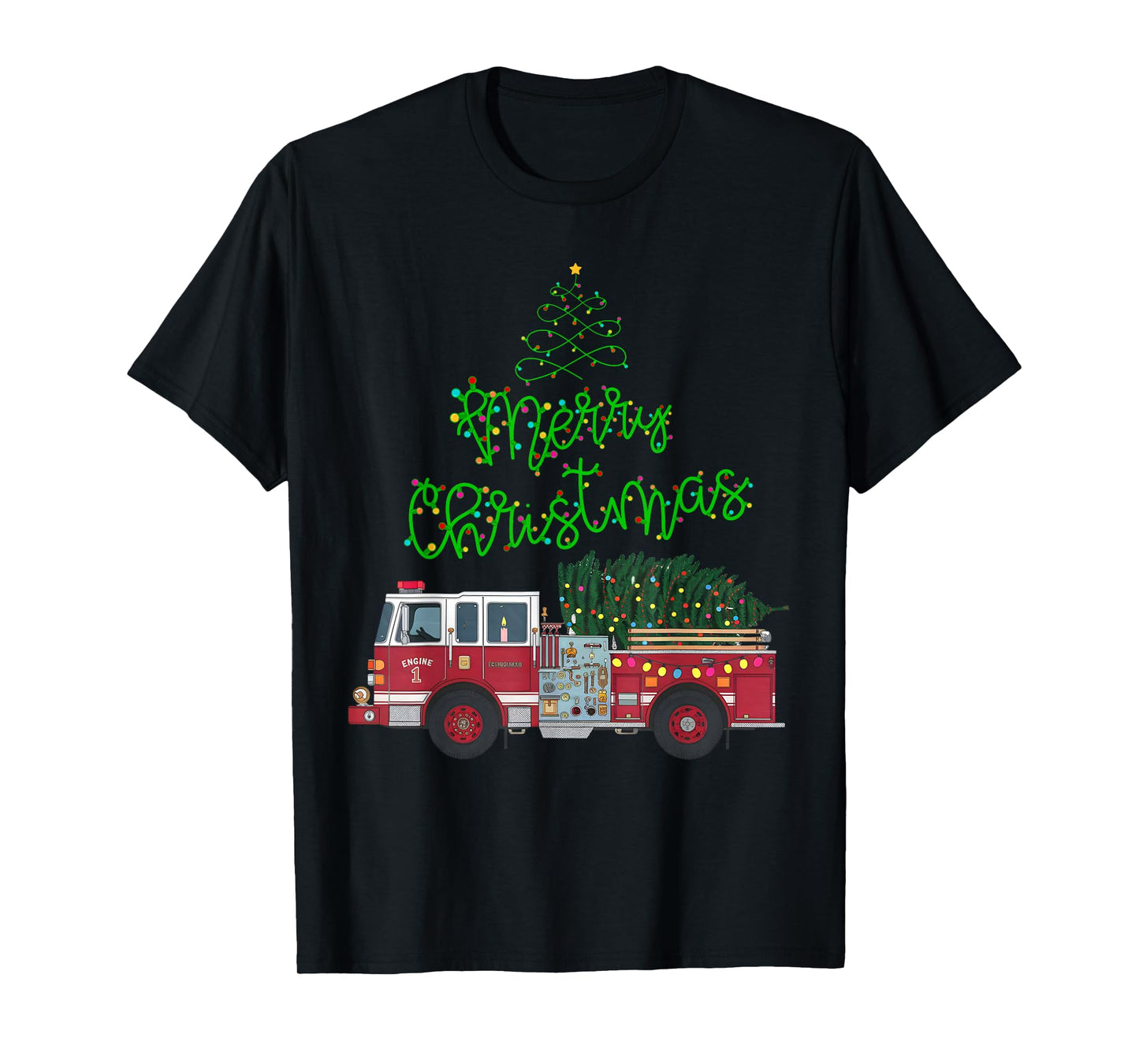 Merry Christmas Firetruck Xmas Tree Lights Boys Toddler Kids T-Shirt