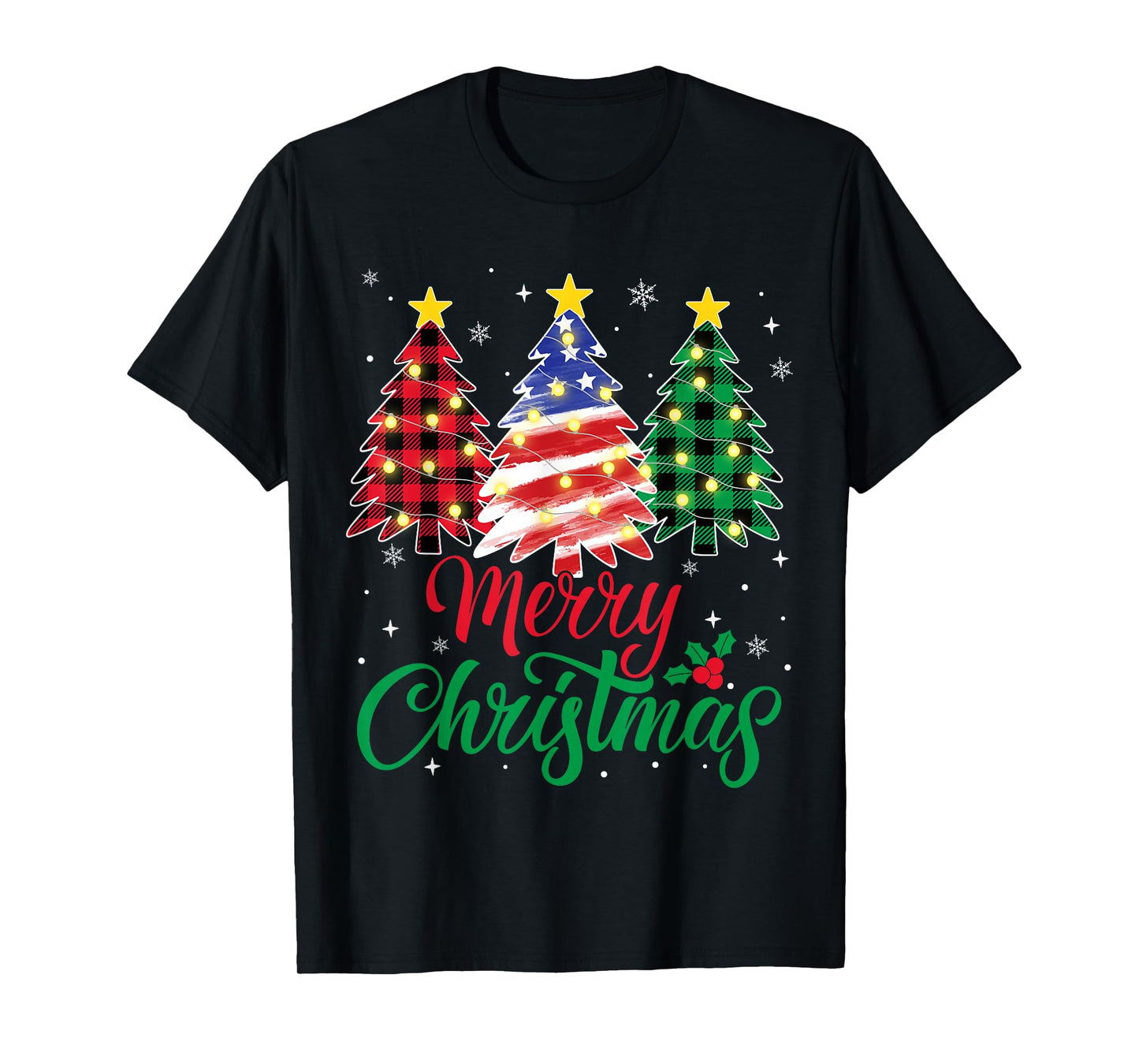 Merry Christmas Trees Red Plaid American Flag USA Xmas T-Shirt
