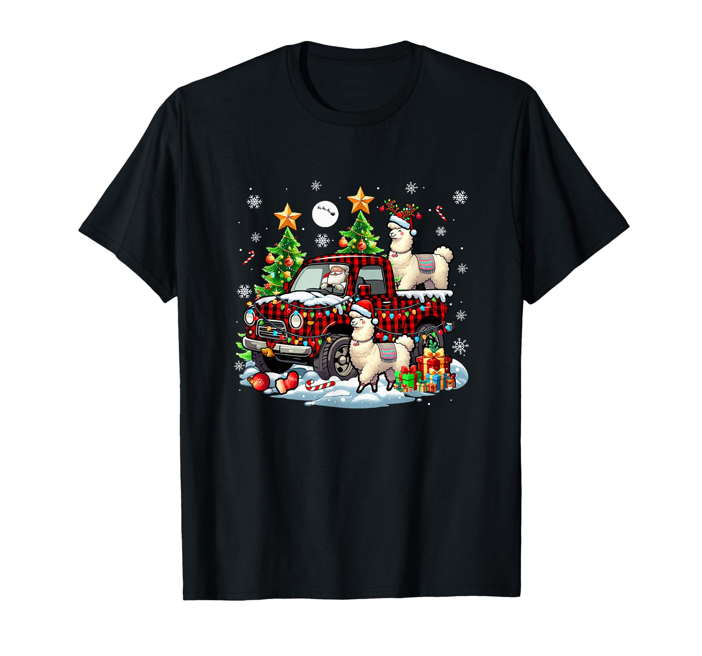 Two Xmas Reindeer Santa Llamas On Colorful Pickup Truck T-Shirt