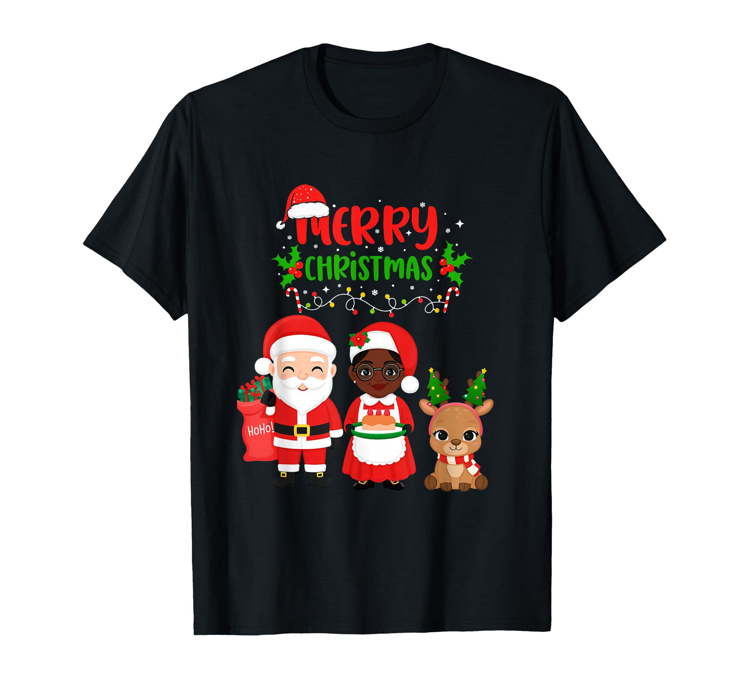 Cute Santa & Melanin Mrs Claus Interracial Family Christmas T-Shirt
