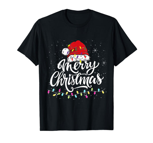 Merry Christmas Lights Santa Hat Xmas Family Matching Pajama T-Shirt