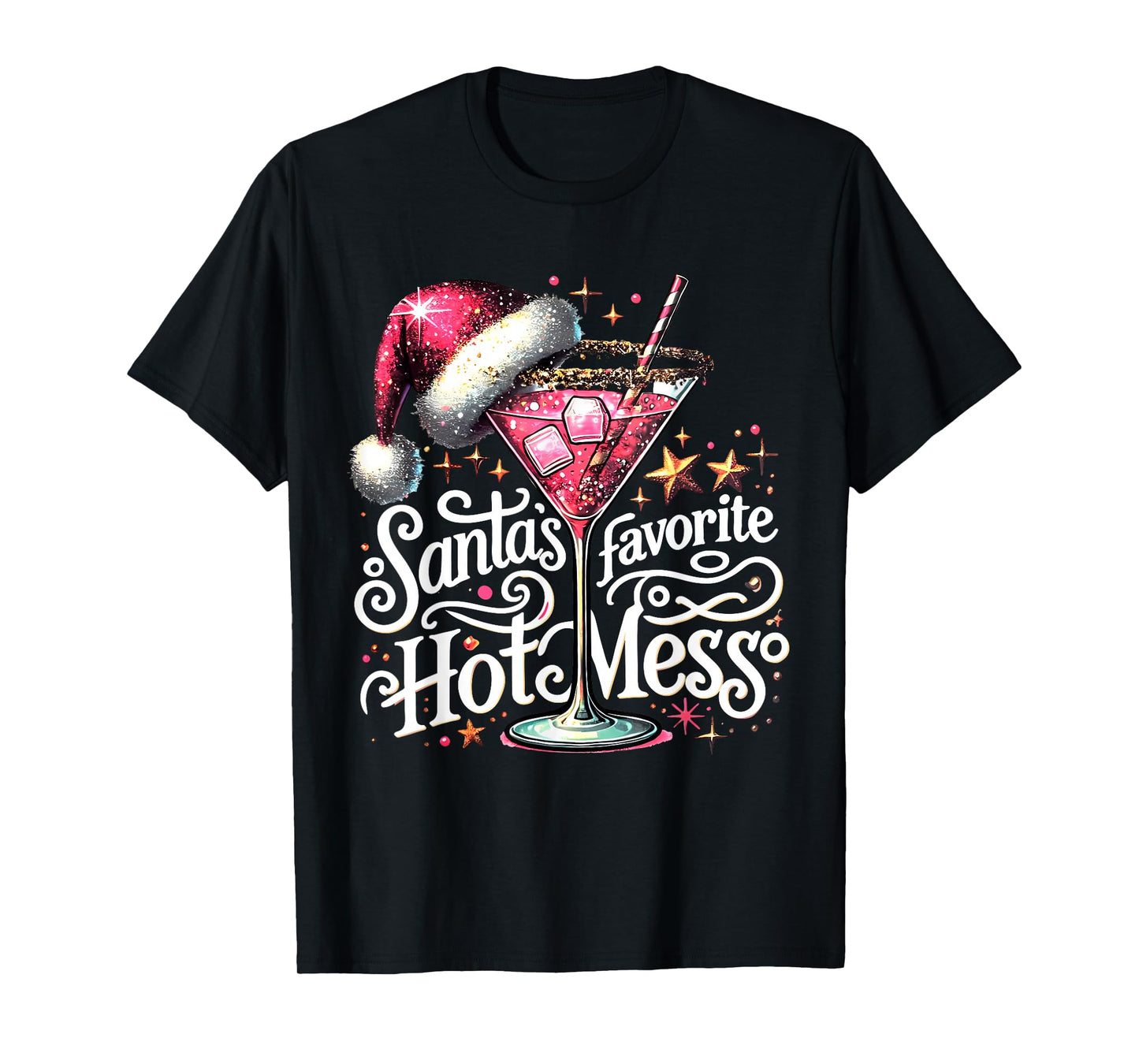 Retro Funny Santa's Favorite Hot Mess Cocktail Christmas T-Shirt