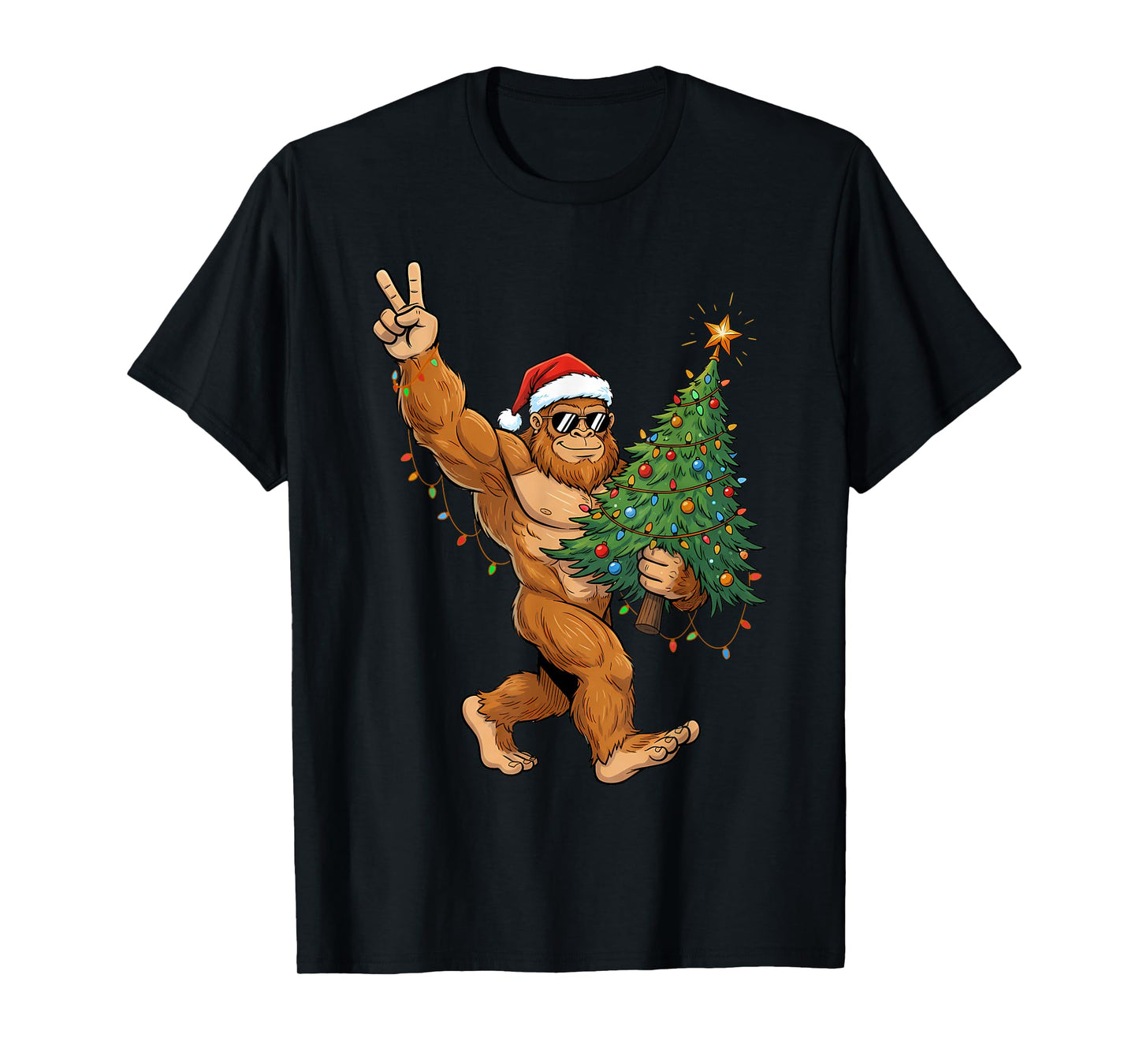 Sasquatch Christmas Tree Lights Shirt Funny Xmas Boys Men T-Shirt
