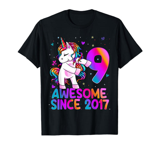 9 Year Old Girl Awesome Since 2017 Unicorn 9th Birthday Girl T-Shirt