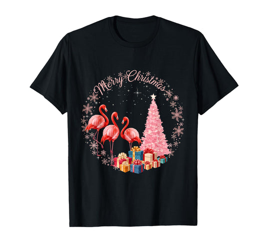 Flamingo Light Xmas Snow Hat Santa Merry Christmas T-Shirt
