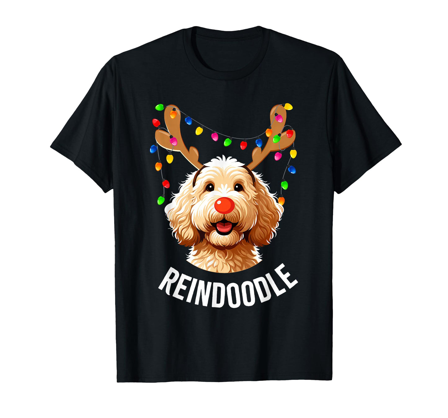 Funny Reindeer Santa Goldendoodle Christmas Tree Lights T-Shirt