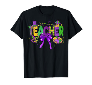 Mardi Gras Coquette Bow Masked King Cake Teacher Girl Women T-Shirt