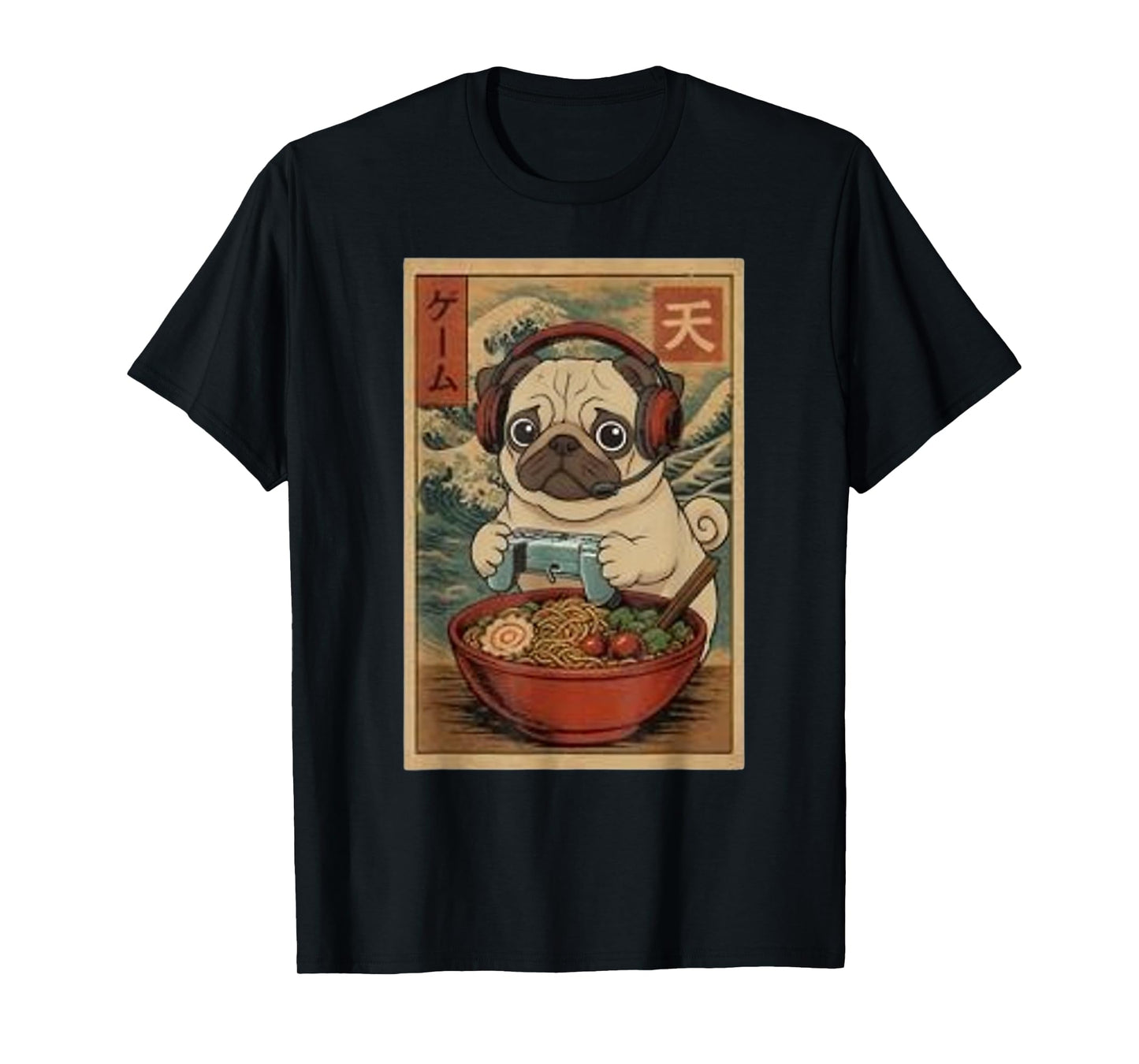 Gamer Pug Funny Ramen Retro Japanese Pug Gaming T-Shirt