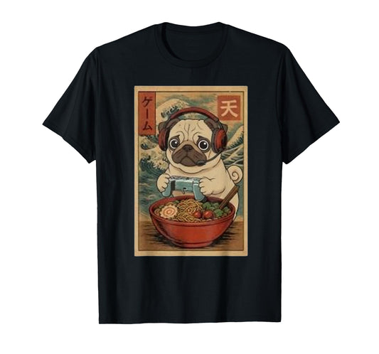 Gamer Pug Funny Ramen Retro Japanese Pug Gaming T-Shirt