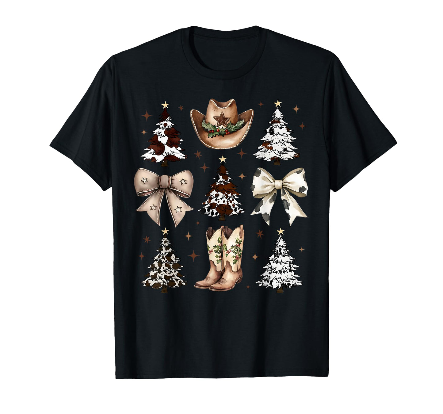 Western Country Cowboy Boots Hat Christmas Trees Cow Bows T-Shirt