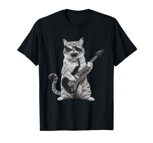 Cat Playing Guitar Rock Star Rock and Roll Men Women Kids T-Shirt