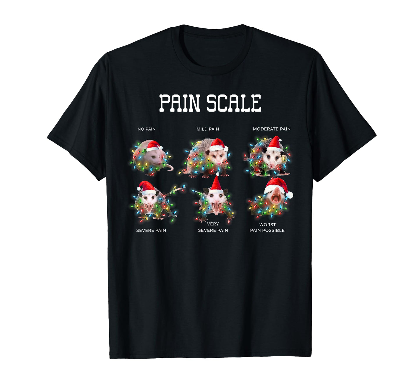 Pain Scale Funny Opossum Merry Christmas Xmas Lights Holiday T-Shirt