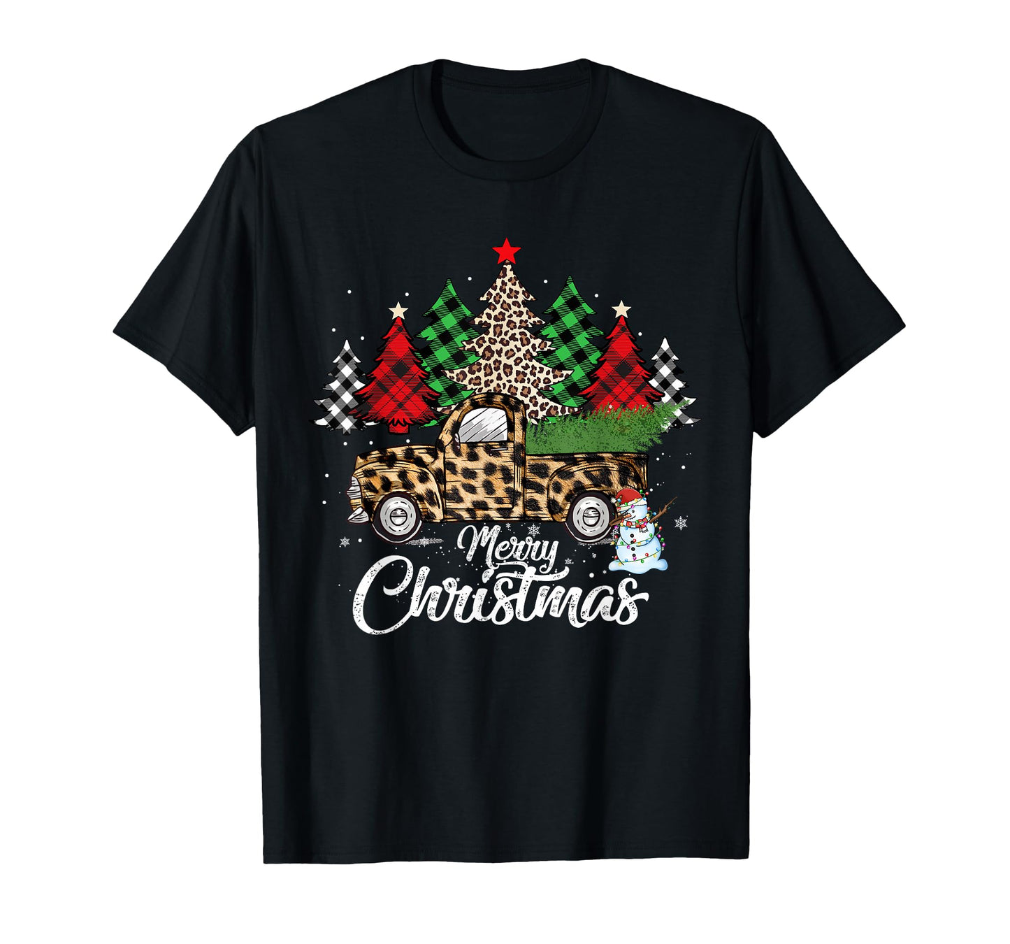 Merry Christmas Leopard Truck Buffalo Plaid Xmas Trees Party T-Shirt